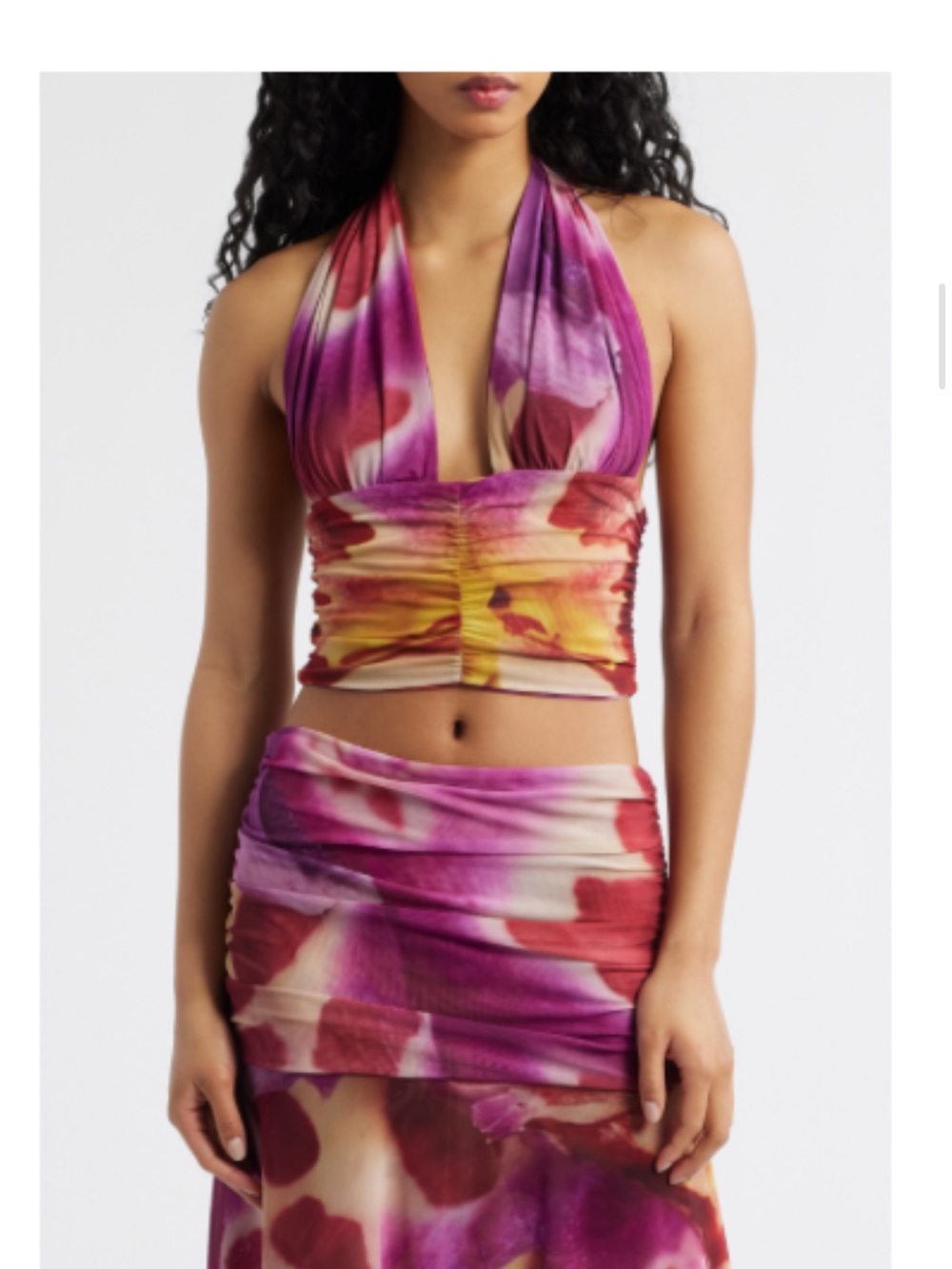 Free People Pink Multi Floral Halter Ruched Crop Top